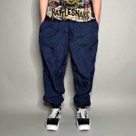 Vintage Track Pants Navy Blue Nylon Joggers Apex Elastic Cuffs Ankle Zippers 90s - Picture 2 of 4